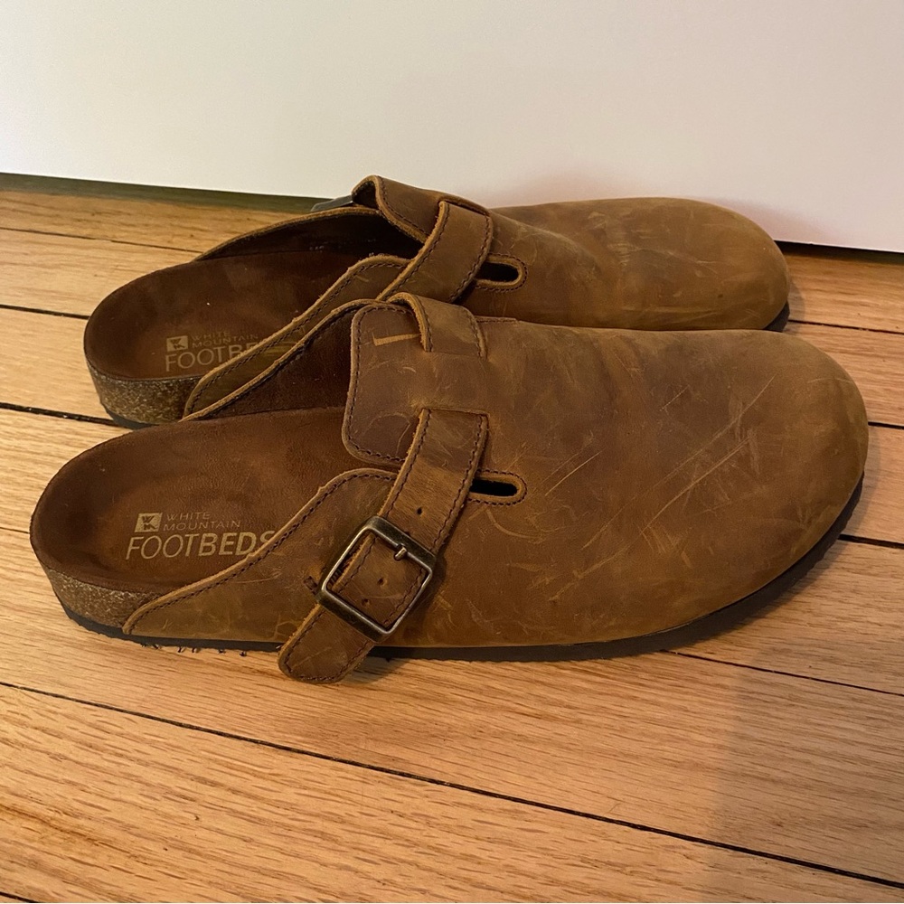 White Mountain Footbed Sandal Men’s 10 M Mule Brown Leather Slip On Brown Buckle
